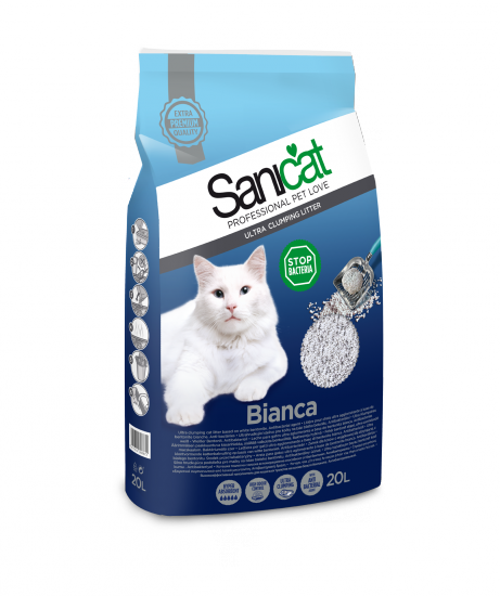 Наповнювач туалетів для кішок комкующийся ультра білий бентоніт без запаху Sanicat Bianca