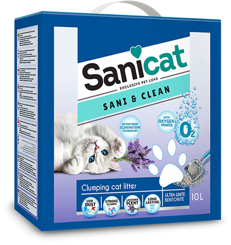Наполнитель туалетов для кошек комкующийся на основе белого бентонита с ароматом талька Sanicat Sani & Clean Lavender