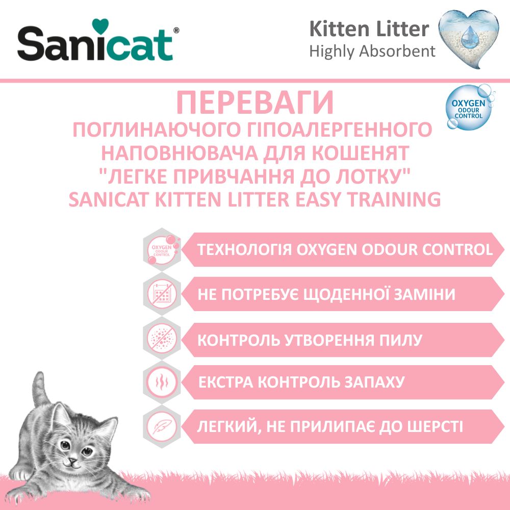 Минеральный впитывающий гипоалергенный наполнитель для котят с ароматом валерианы Sanicat Kitten Litter Easy Training