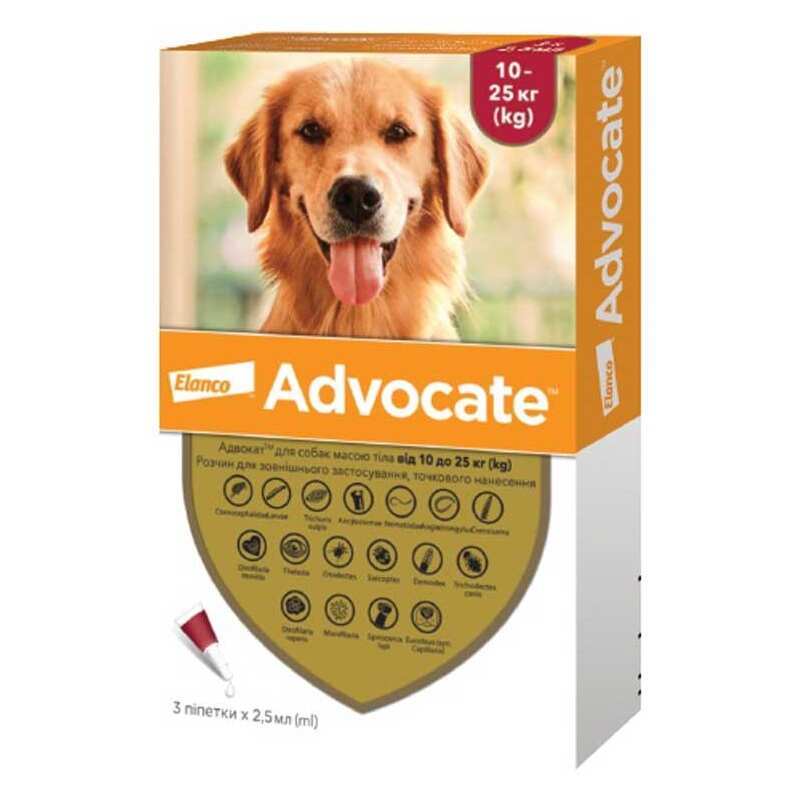 Антипаразитарні краплі для собак вагою 10-25 кг від бліх, гельмінтів та шкірних кліщів Адвокат Bayer Advocate Dogs