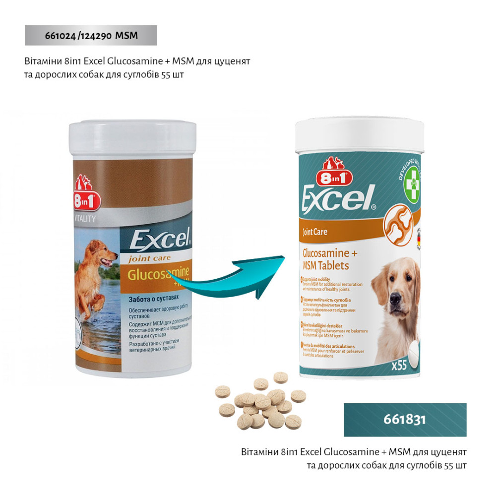 Комплексна добавка з глюкозаміном для відновлення суглобів собак 8in1 Excel Glucosamine+MSM