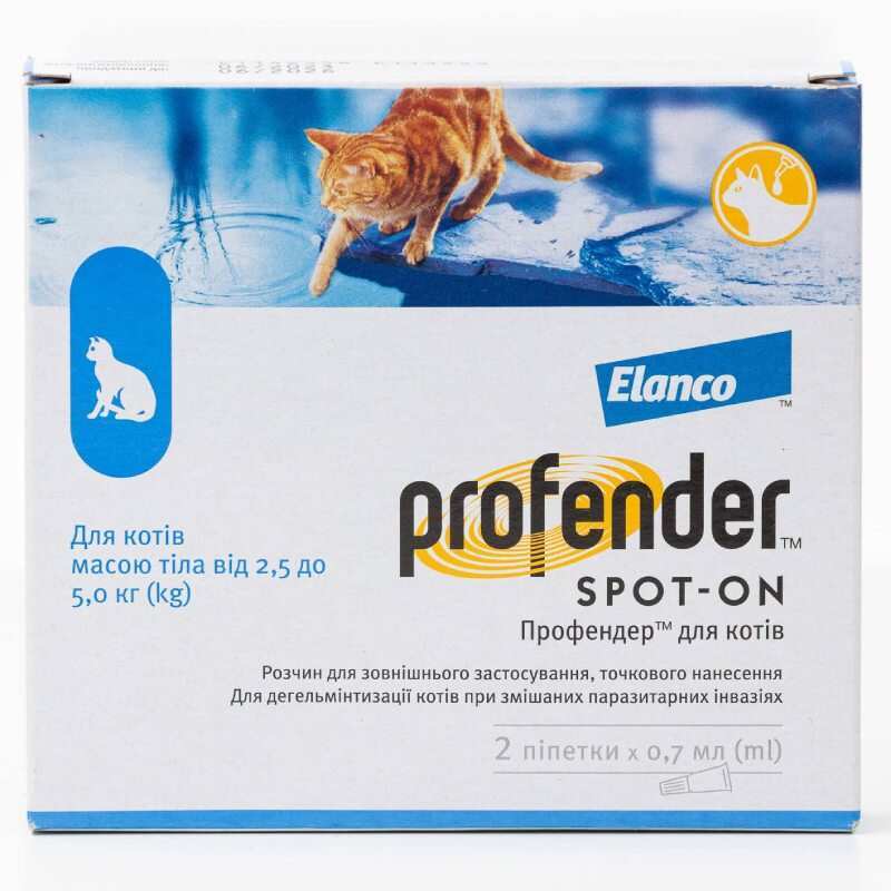 Капли на холку для котят и котов весом 2,5-5 кг против круглых и ленточных гельминтов Профендер Elanco Profender Spot-on Cats