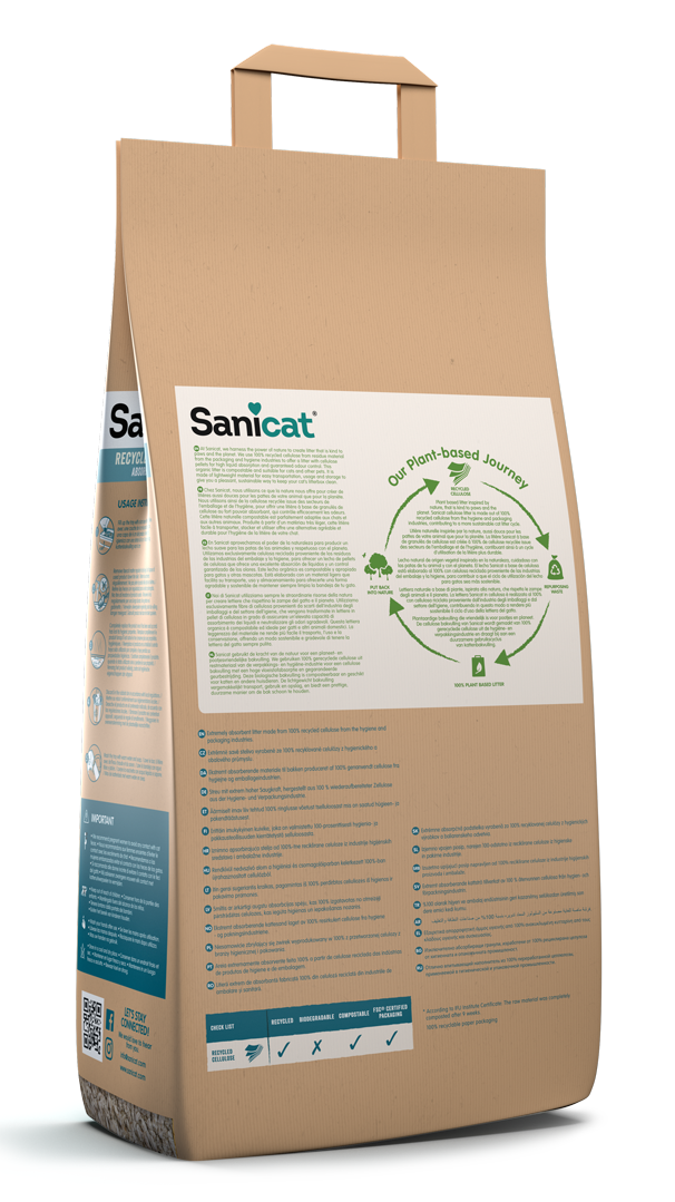 Целюлозний розчинний поглинаючий наповнювач без пилу для котів Sanicat Recycled Cellulose Absorbent Целюлозний розчинний поглинаючий наповнювач без пилу для котів Sanicat Recycled Cellulose Absorbent
