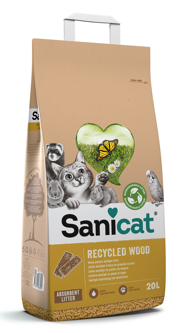 Впитывающий гипоалергенный древесный наполнитель для котов Sanicat Recycled Wood