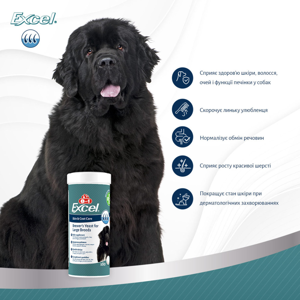 Комплексная добавка с пивными дрожжами для здоровья кожи и шерсти собак крупных пород 8in1 Excel Brewers Yeast Large Breed