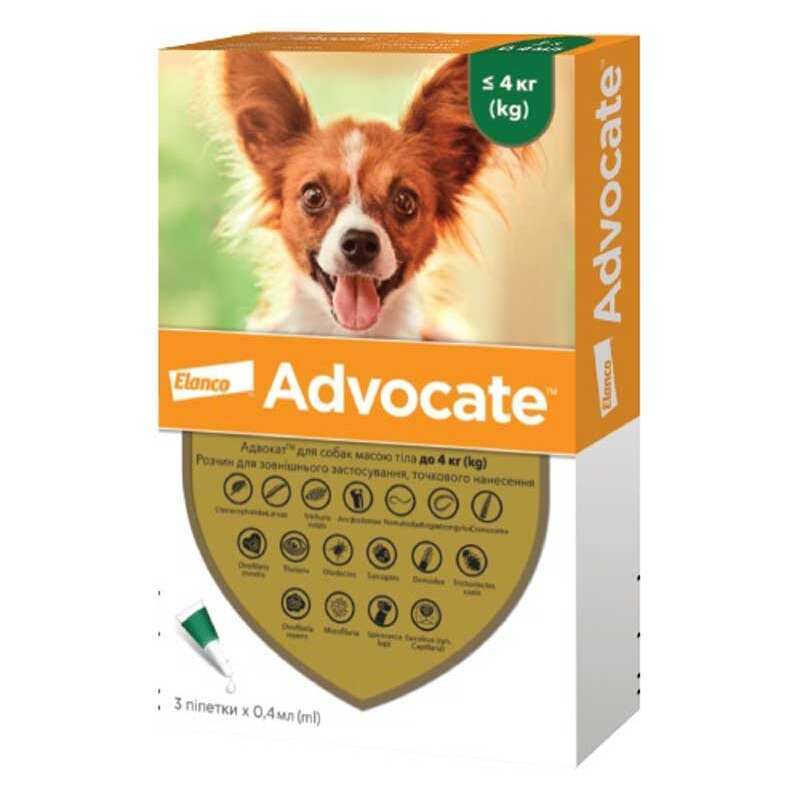 Антипаразитарные капли для собак весом до 4 кг от блох, гельминтов и кожных клещей Адвокат Elanco Advocate Dogs
