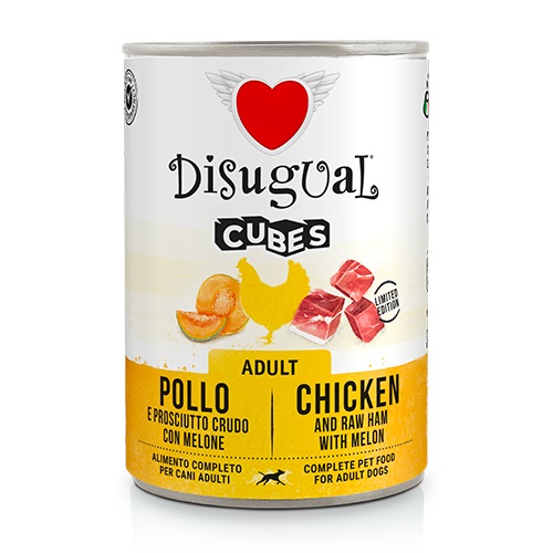 Безглютеновая консерва для собак Курица с Прошутто и Дыней Disugual Dog Cubes 92% Adult Chicken, Raw Ham & Melon