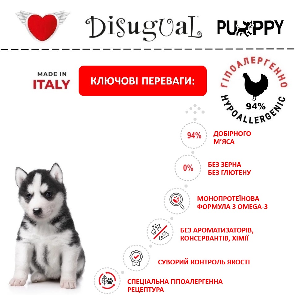 Монопротеїнова безглютенова консерва для цуценят Паштет з Курки Disugual Puppy MonoProtein 94% Chicken