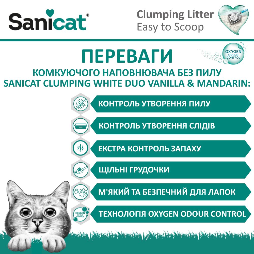 Комкующийся белый бентонитовый наполнитель для котов с ароматом мандарина и ванили Sanicat Clumping White Duo Vanilla & Mandarin