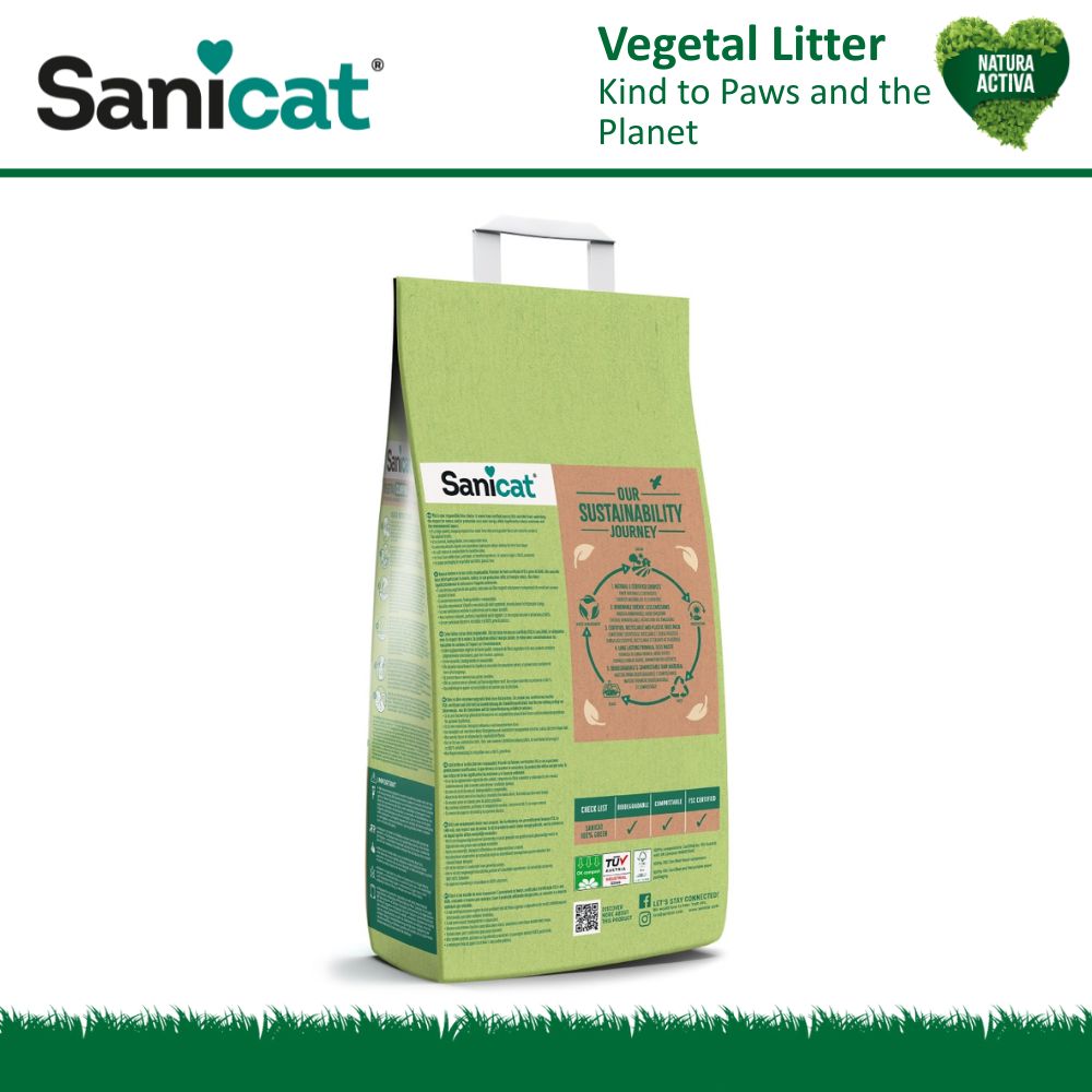 Рослинний комкуючий біорозкладний наповнювач без пилу для котів Sanicat Natura Activa 100% Green