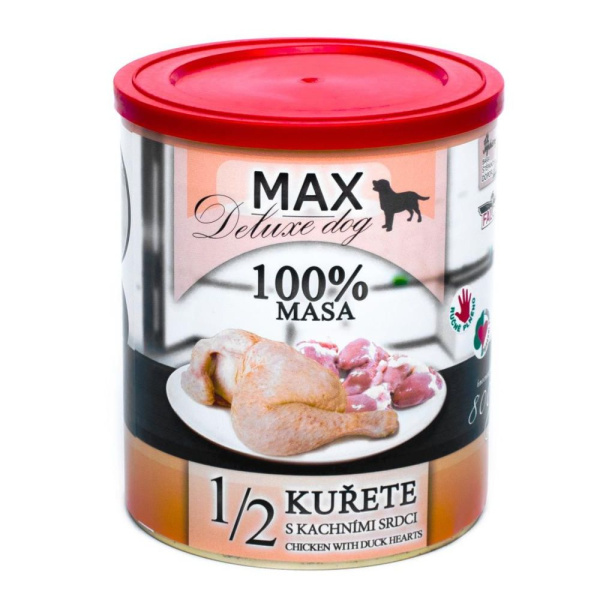 Консервоване м'ясо для собак Куряча Чверть з Качиними Серцями FALCO MAX Deluxe Dog 100% Meat 1/2 Chicken & Duck Hearts