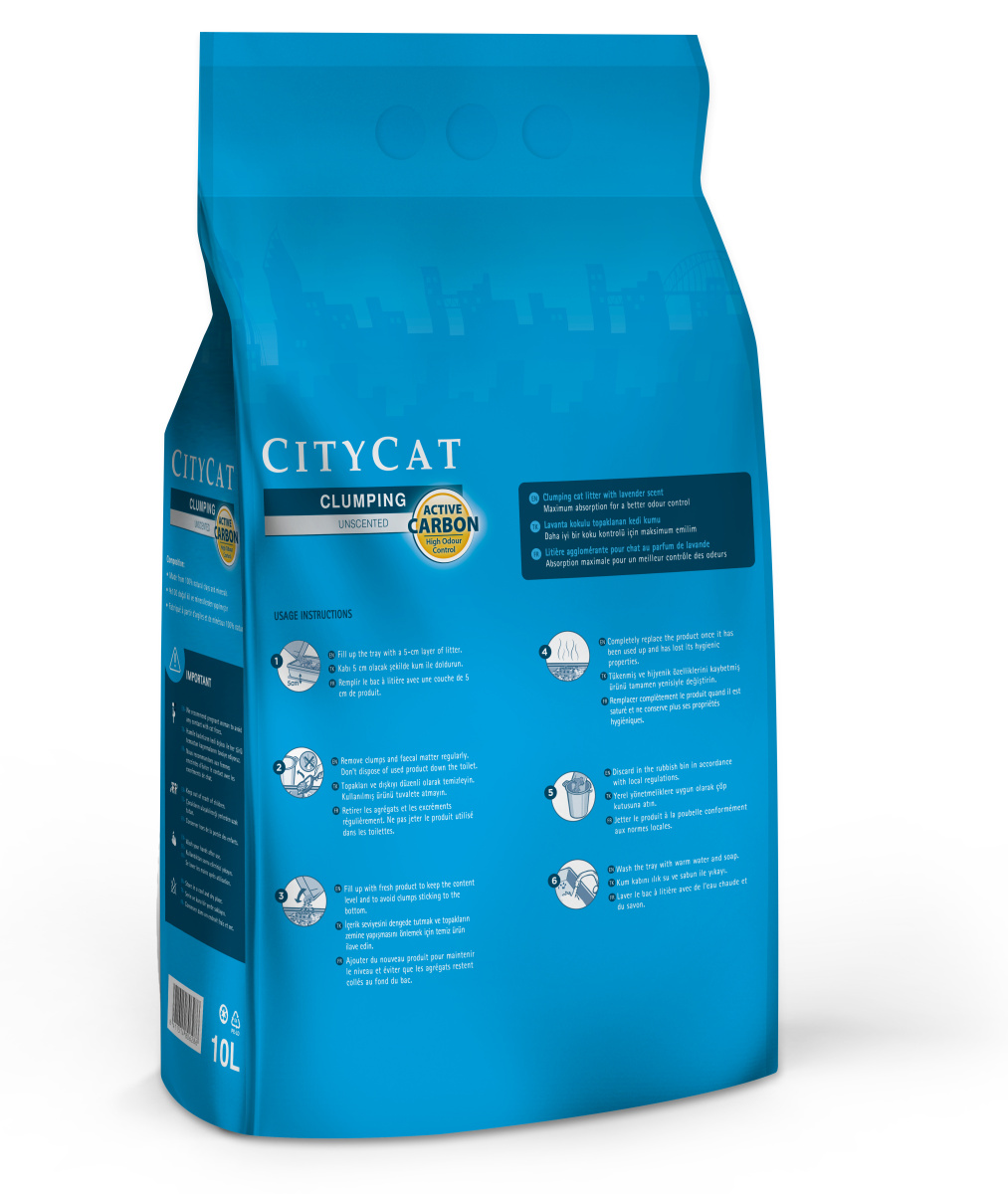 Комкующийся наполнитель для котов, нейтрализующий неприятые запахи Citycat Clumping Active Carbon