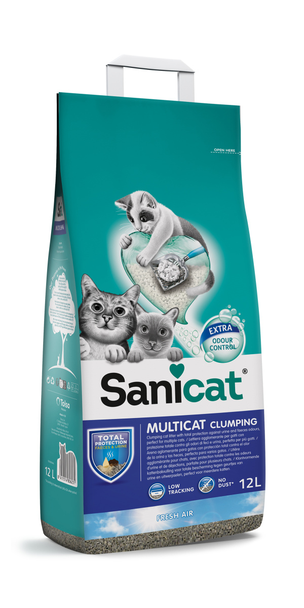 Комкуючий бентонітовий наповнювач для туалету яким користуються декілька котів Sanicat Clumping Multicat Extra Fresh Air