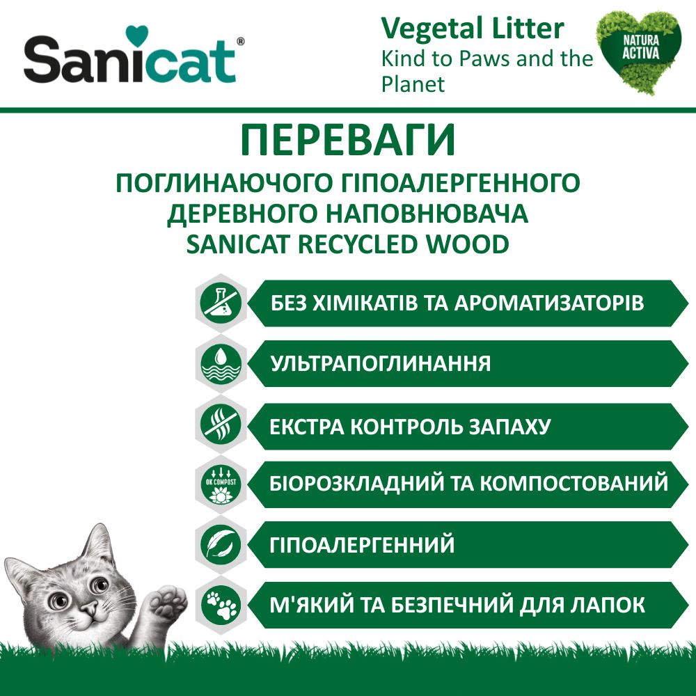 Впитывающий гипоалергенный древесный наполнитель для котов Sanicat Recycled Wood