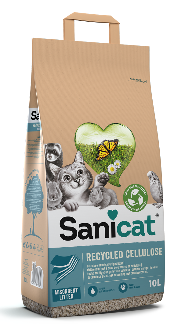 Целлюлозный растворимый впитывающий наполнитель без пыли для котов Sanicat Recycled Cellulose Absorbent