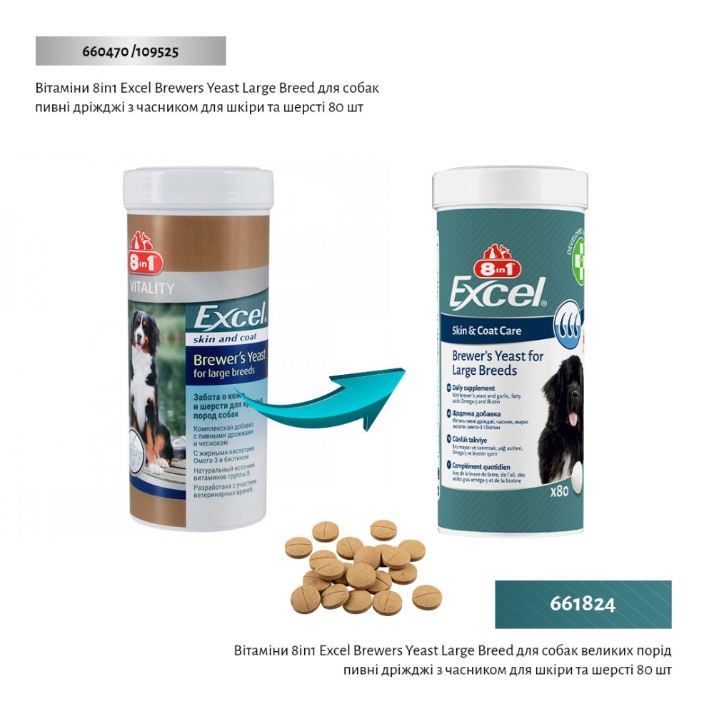 Комплексная добавка с пивными дрожжами для здоровья кожи и шерсти собак крупных пород 8in1 Excel Brewers Yeast Large Breed