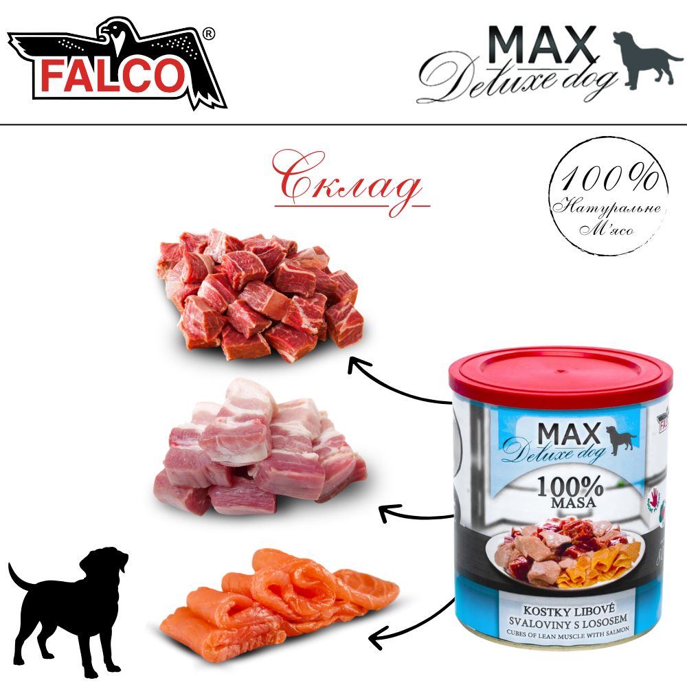 Консервированное мясо для собак Кусочки Свинины и Говядины с Лососем FALCO MAX Deluxe Dog 100% Meat Cubes Lean Muscle & Salmon
