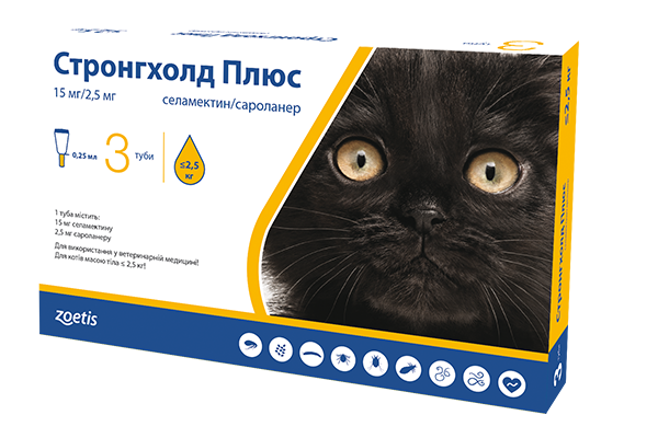 Протипаразитарні краплі для кошенят та котів вагою до 2,5 кг Стронгхолд Плюс Zoetis Stronghold Plus Kittens & Cats