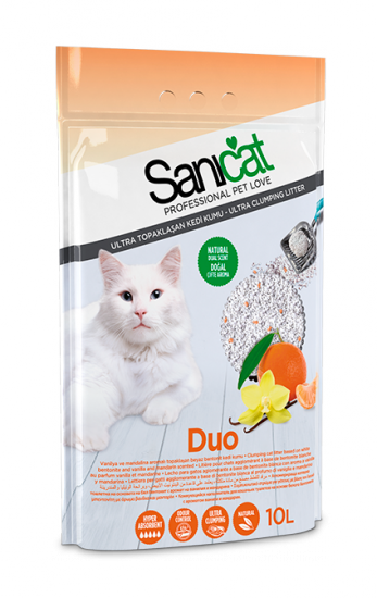 Наполнитель туалетов для кошек комкующийся натуральный белый бентонит с ароматом ванили и мандарина Sanicat Duo White