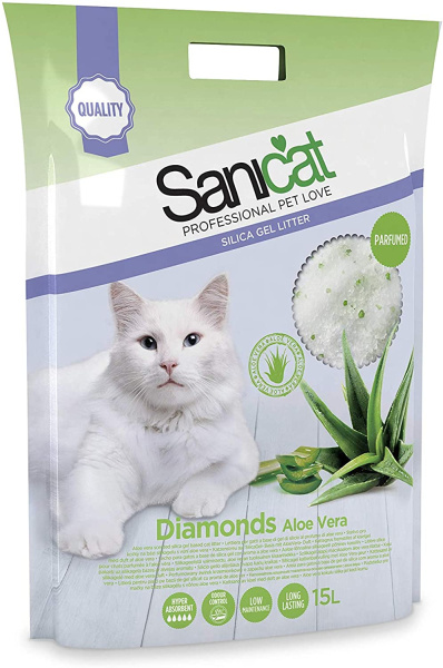 Силикагелевый впитывающий наполнитель для котов с ароматом алоэ вера Sanicat Diamonds Aloe Vera