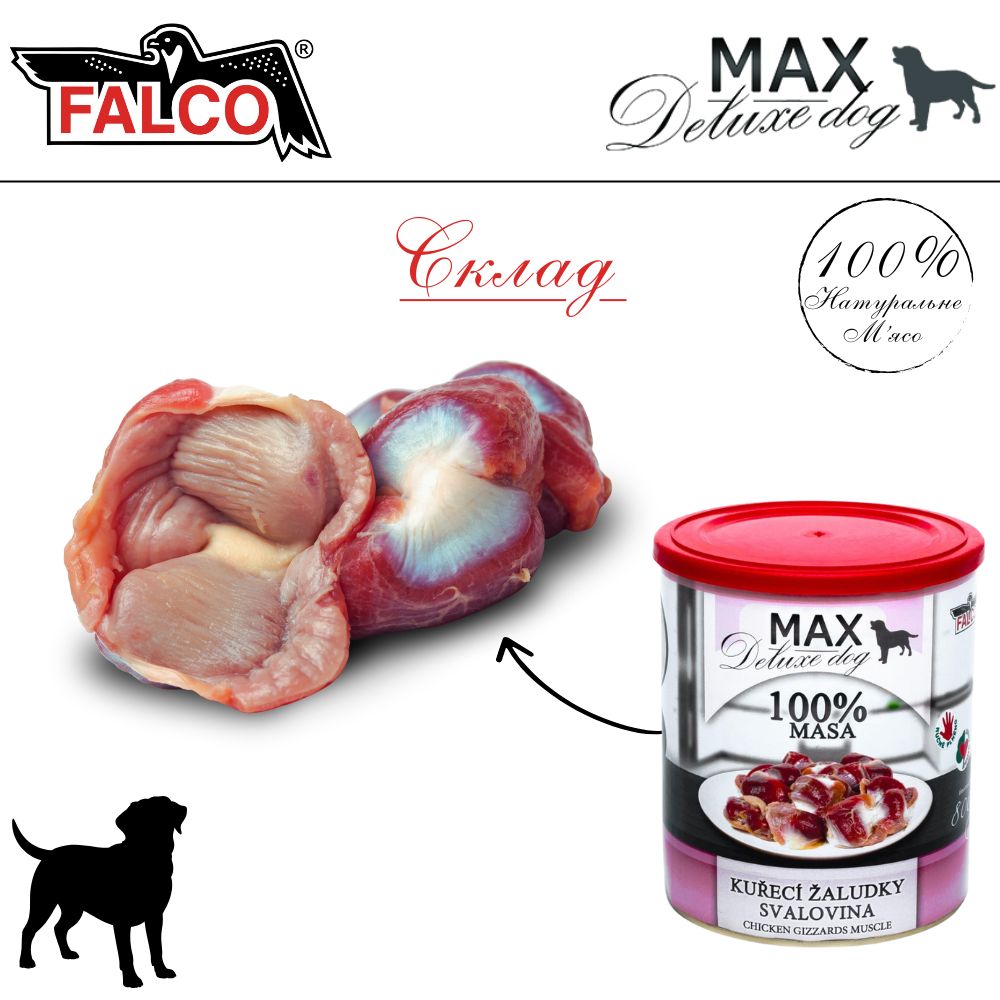 Консервоване м'ясо для собак Курячі Шлунки FALCO MAX Deluxe Dog 100% Meat Chicken Gizzards Muscle