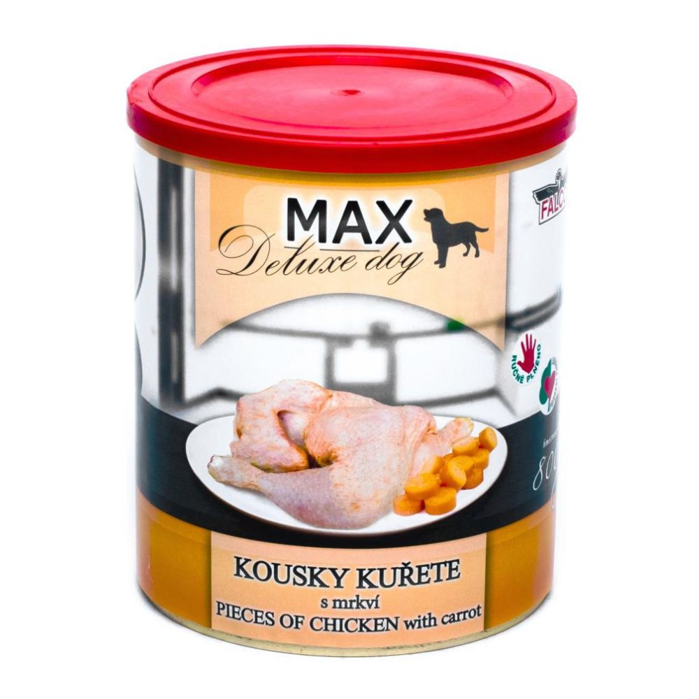 Консервированное мясо для собак Кусочки Курицы с Морковью FALCO MAX Deluxe Dog 93% Meat Chicken Pieces & Carrot
