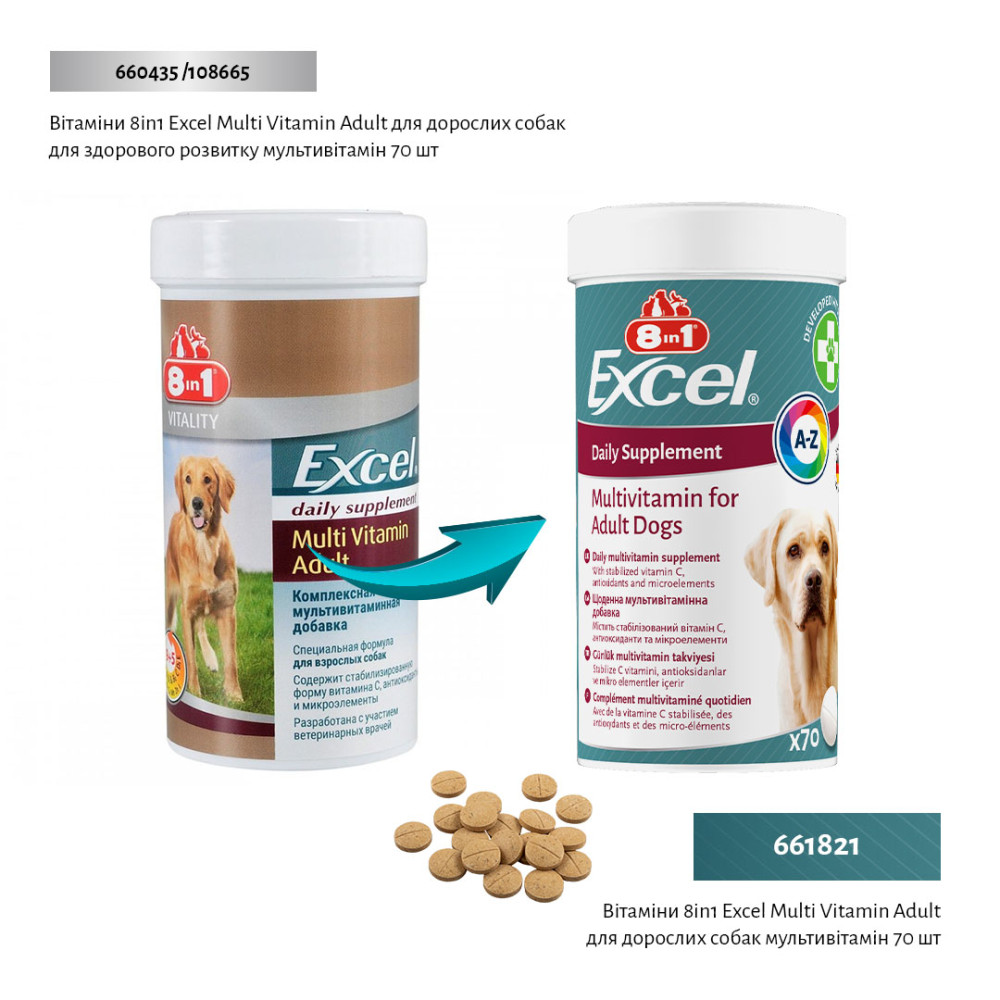 Мультивитаминный комплекс для взрослых собак средних и крупных пород 8in1 Excel Multi Vitamin Adult