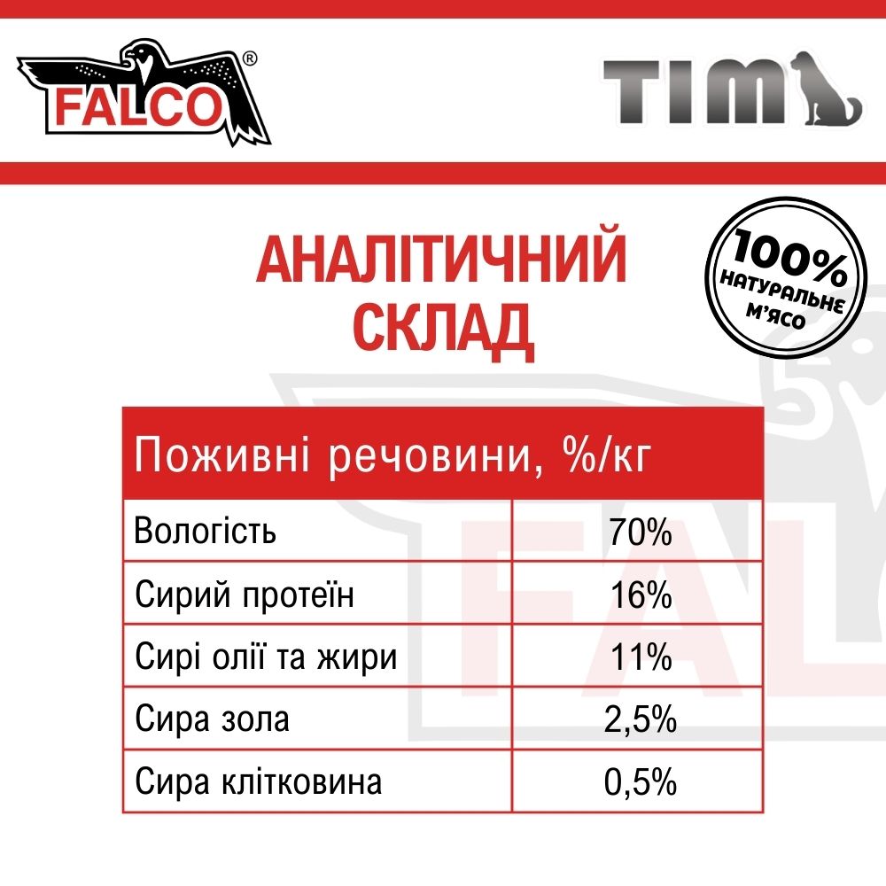 Консервоване м'ясо для собак Асорті з Яловичини та Печінки FALCO TIM Dog 100% Meat Liver