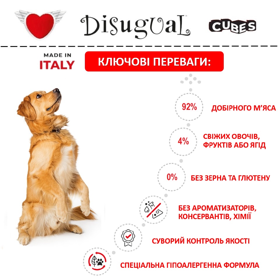 Безглютеновая консерва для собак Утка с Беконом и Чечевицей Disugual Dog Cubes 92% Adult Duck, Speck & Lentis