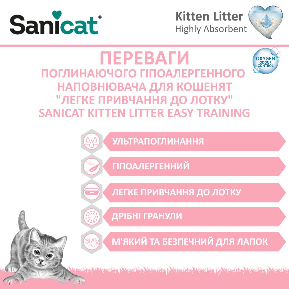 Минеральный впитывающий гипоалергенный наполнитель для котят с ароматом валерианы Sanicat Kitten Litter Easy Training
