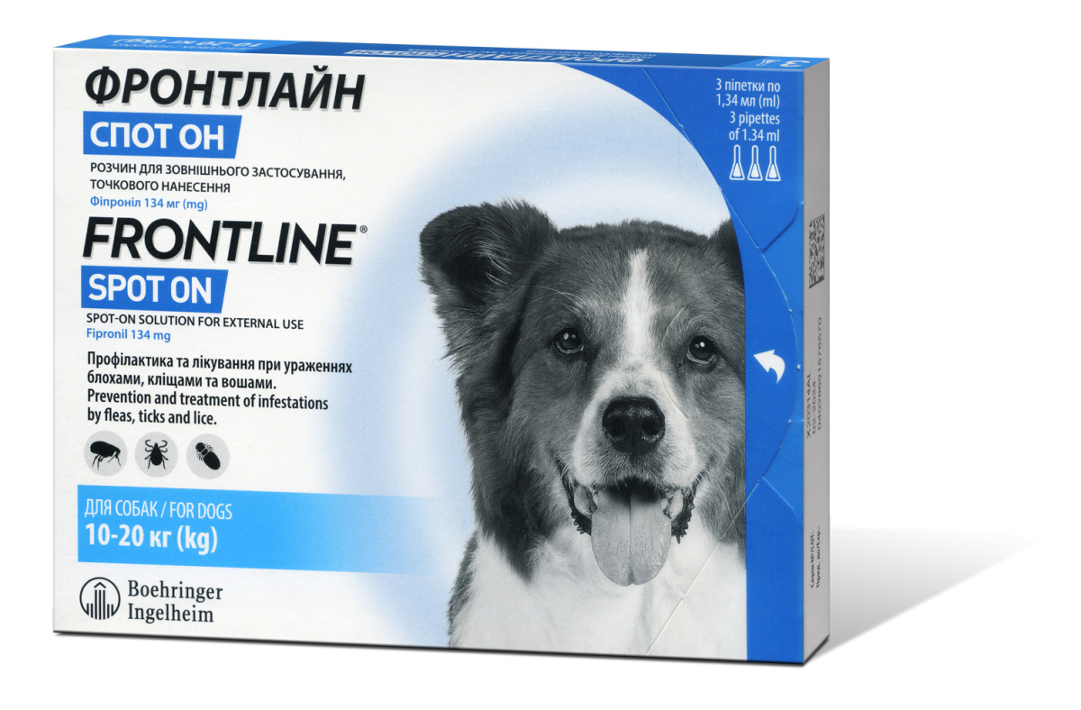 Краплі від бліх, вошей та кліщів для собак вагою 10-20 кг Фронтлайн Спот-он Boehringer Ingelheim Frontline Spot-on Dogs