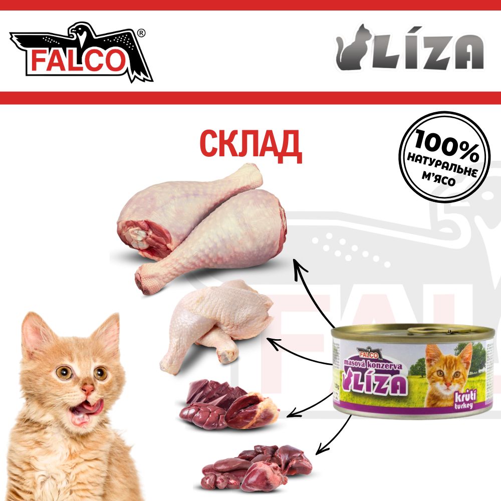 Консервированное мясо для котов Ассорти из Индейки FALCO LIZA Cat 100% Meat Turkey