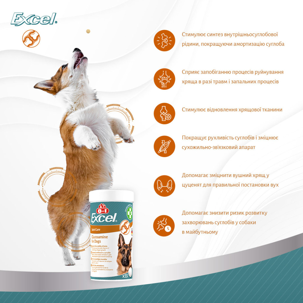 Комплексна добавка з глюкозаміном для здоров'я суглобів собак 8in1 Excel Glucosamine Комплексна добавка з глюкозаміном для здоров'я суглобів собак 8in1 Excel Glucosamine