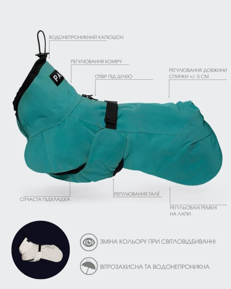 Водонепроникний дощовик для собак з антибактеріальною підкладкою та неоновим світловідбиванням PAIKKA Visibility Raincoat Lite Emerald