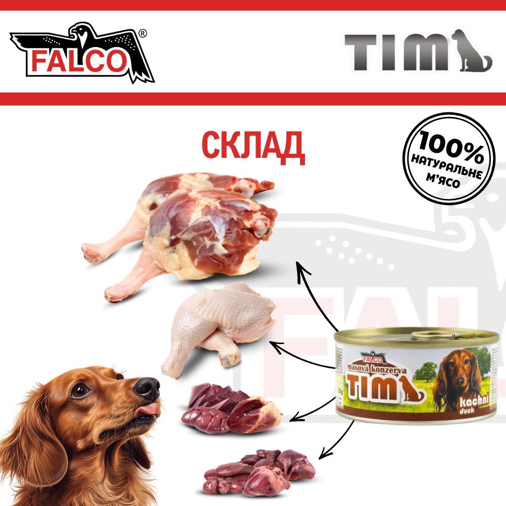 Консервоване м'ясо для маленьких собак Асорті з Качки FALCO TIM Mini Dog 100% Meat Duck