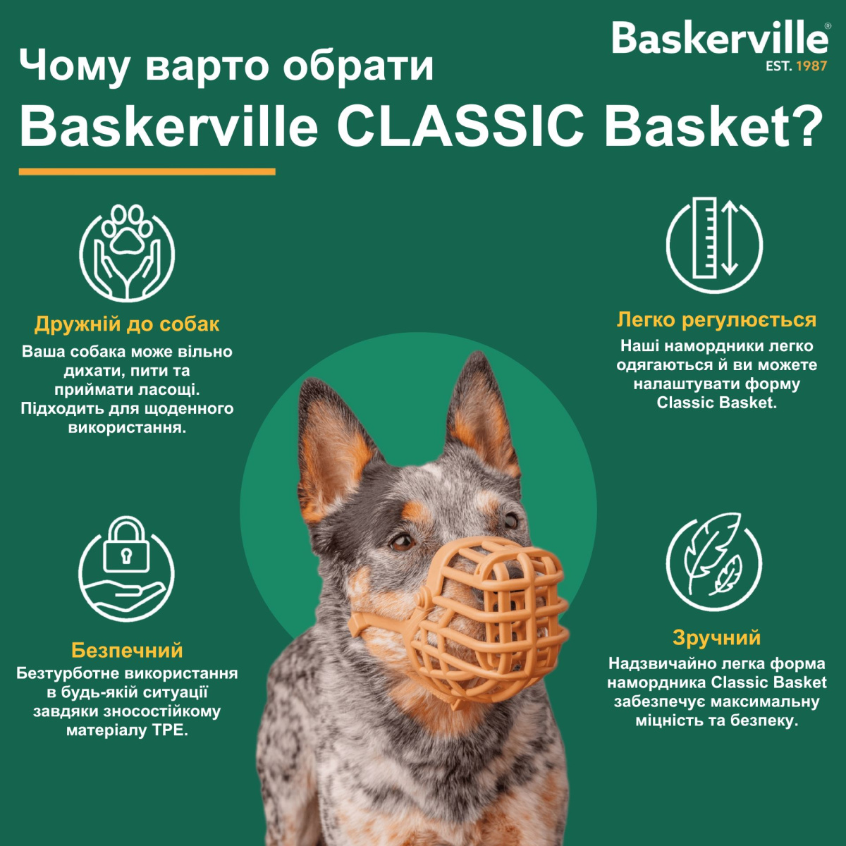 Анатомічний намордник для собак з індивідуальним термоформуванням Baskerville Classic Basket Muzzle