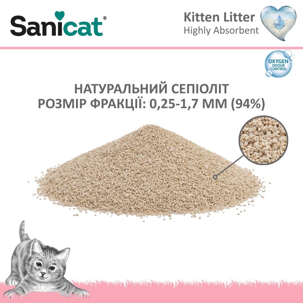 Минеральный впитывающий гипоалергенный наполнитель для котят с ароматом валерианы Sanicat Kitten Litter Easy Training