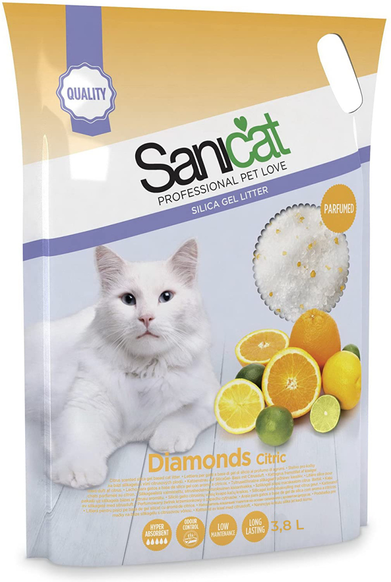 Силикагелевый впитывающий наполнитель для котов с ароматом цитрусов Sanicat Diamonds Citric Силикагелевый впитывающий наполнитель для котов с ароматом цитрусов Sanicat Diamonds Citric