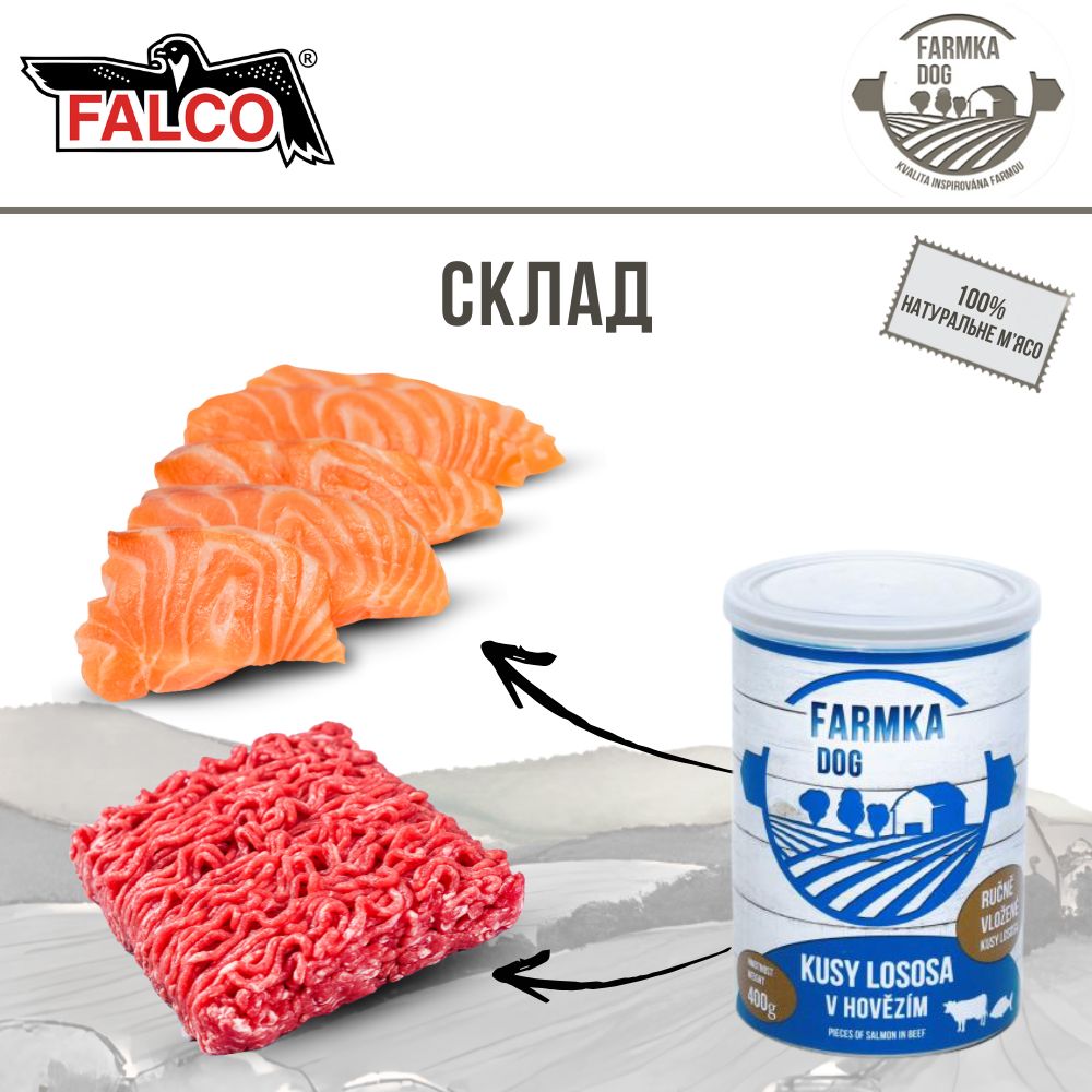 Консервоване м'ясо для собак Шматки Лосося в Яловичому Фарші FALCO FARMKA Dog 100% Fish Salmon