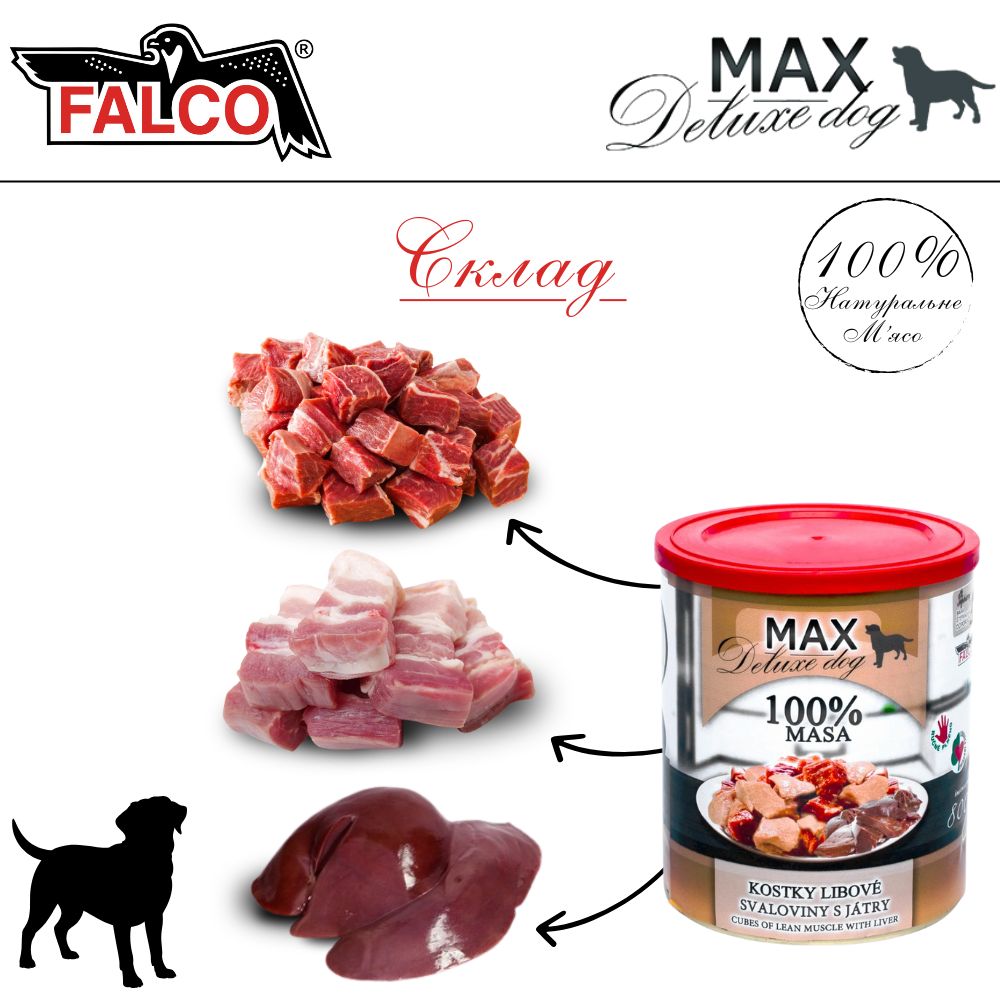 Консервированное мясо для собак Кусочки Свинины и Говядины с Печенью FALCO MAX Deluxe Dog 100% Meat Cubes Lean Muscle & Liver