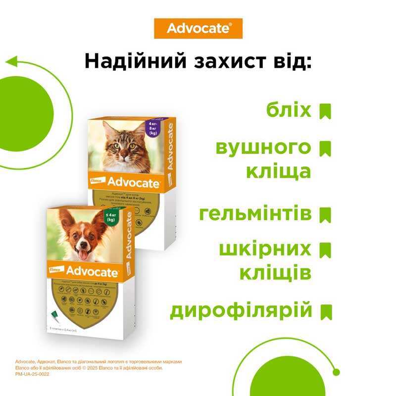 Антипаразитарні краплі для собак вагою 4-10 кг від бліх, гельмінтів та шкірних кліщів Адвокат Elanco Advocate Dogs