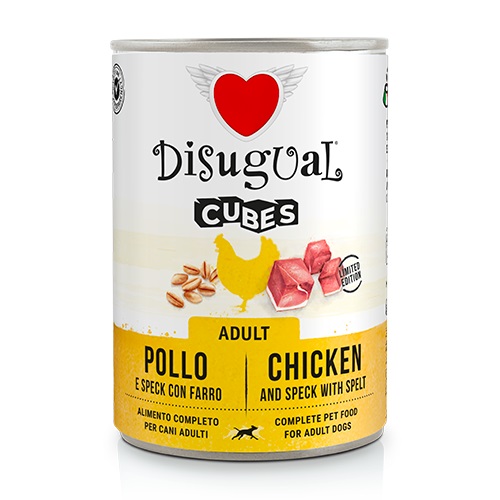 Безглютеновая консерва для собак Курица с Беконом и Спельтой Disugual Dog Cubes 92% Adult Chicken, Speck & Spelt