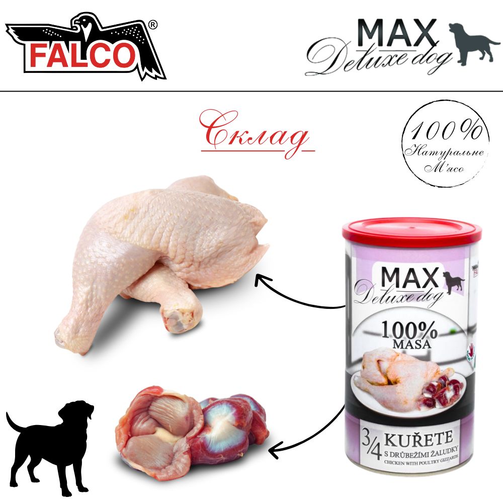 Консервированное мясо для собак Куриная Четверть с Птичьими Желудками FALCO MAX Deluxe Dog 100% Meat 3/4 Chicken & Poultry Gizzards