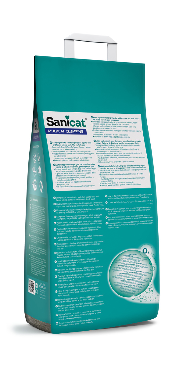 Комкуючий бентонітовий наповнювач для туалету яким користуються декілька котів Sanicat Clumping Multicat Extra Fresh Air