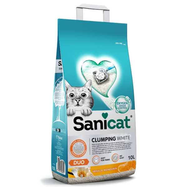 Комкующийся белый бентонитовый наполнитель для котов с ароматом мандарина и ванили Sanicat Clumping White Duo Vanilla & Mandarin