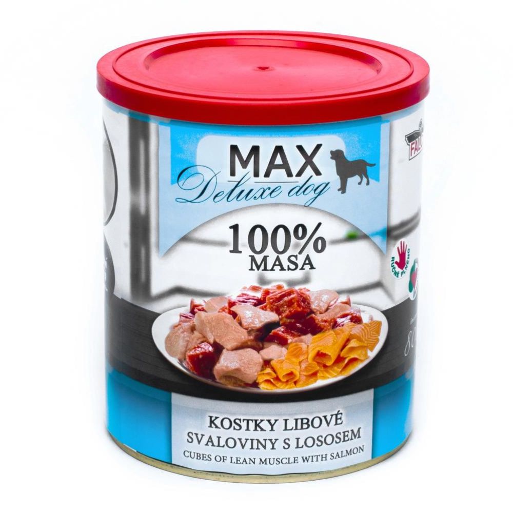 Консервированное мясо для собак Кусочки Свинины и Говядины с Лососем FALCO MAX Deluxe Dog 100% Meat Cubes Lean Muscle & Salmon