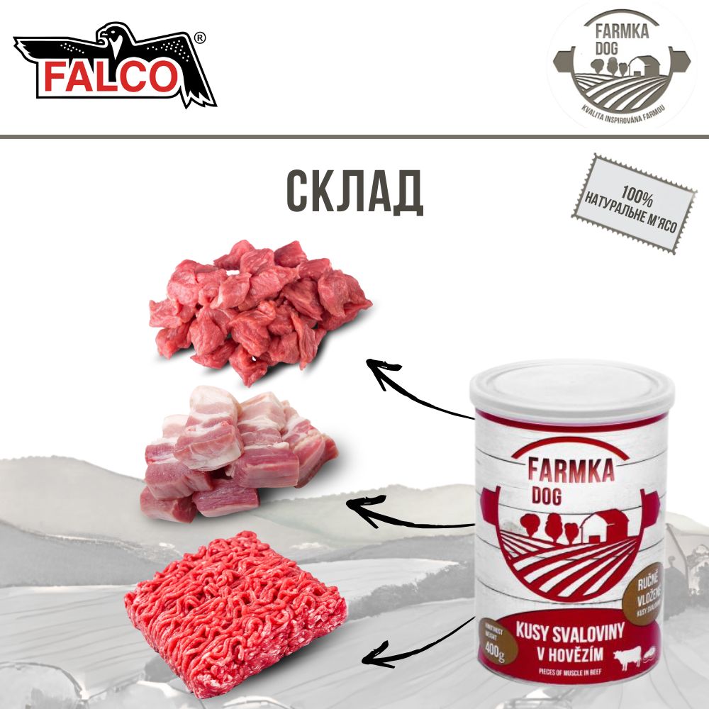 Консервоване м'ясо для собак Шматки Свинини та Яловичини в Яловичому Фарші FALCO FARMKA Dog 100% Meat Muscle