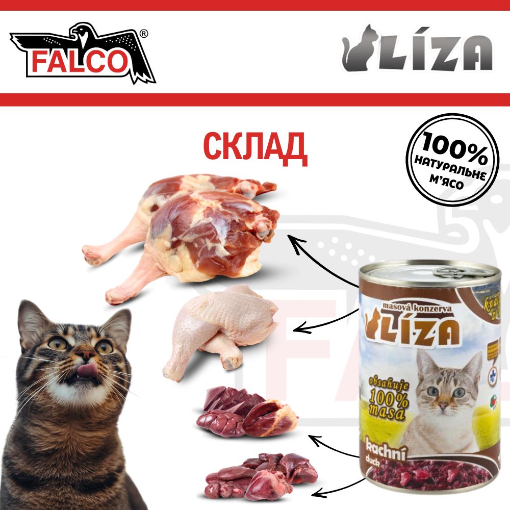 Консервированное мясо для кошек крупных пород Ассорти из Утки FALCO LIZA Big Cat 100% Meat Duck