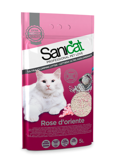 Наполнитель туалетов для кошек комкующийся белый бентонит с ароматом роз Sanicat Rose D'orient