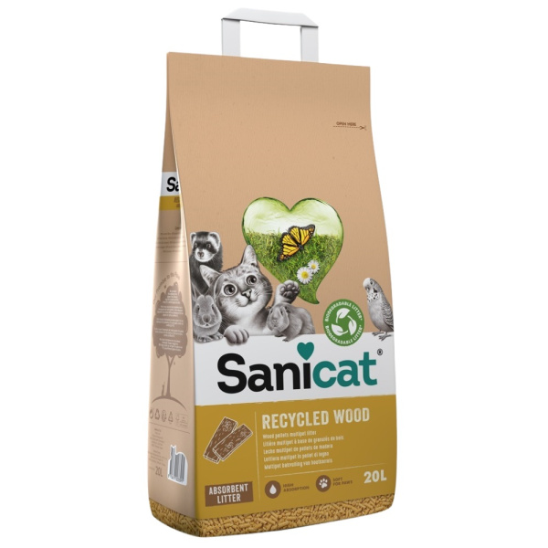 Впитывающий гипоалергенный древесный наполнитель для котов Sanicat Recycled Wood